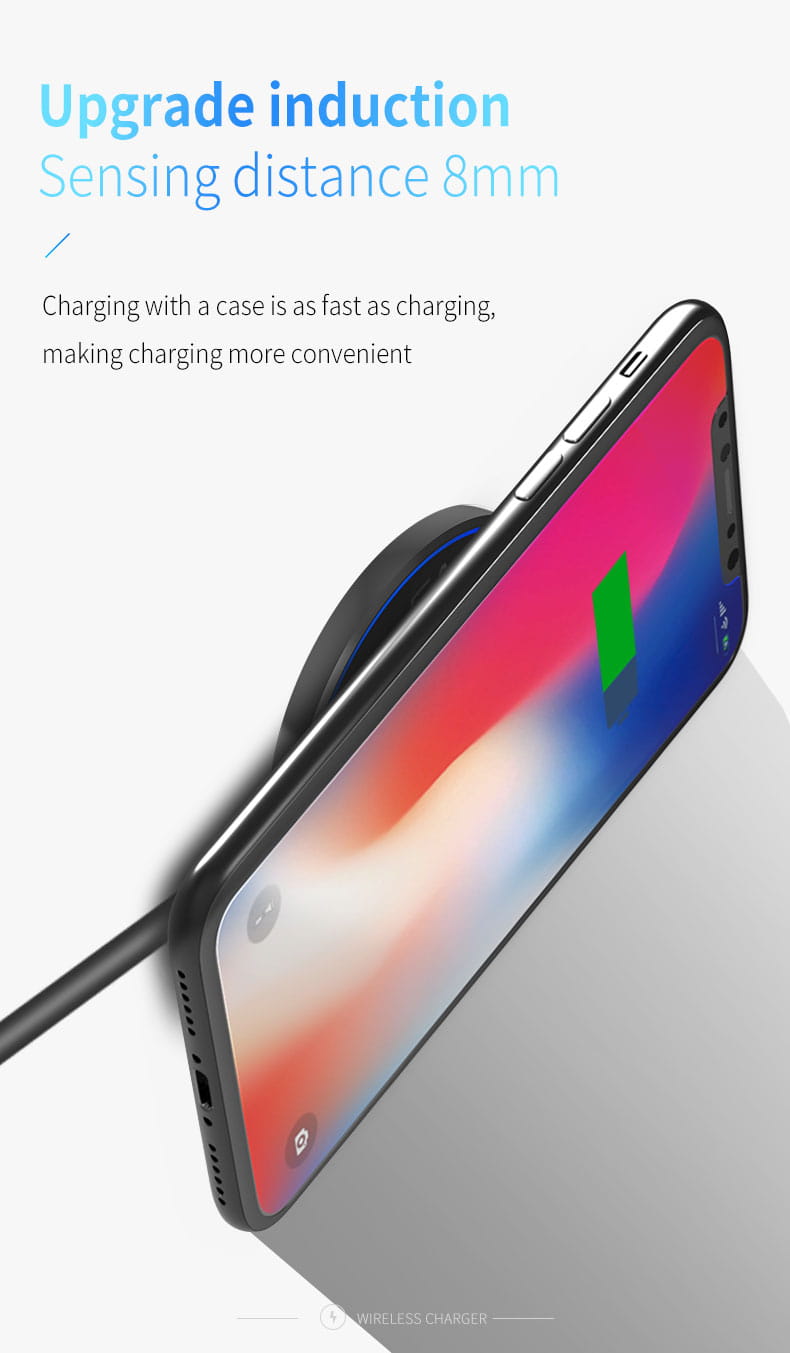 Black wireless fast charging pad with sleek circular design and 8mm induction sensing distance for phone watch and earphones.