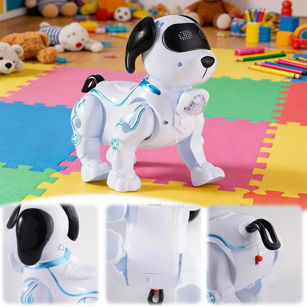 青く発光するLEDライトと洗練されたプラスチック筐体を備えた、白黒の音楽ロボット犬おもちゃで、インタラクティブな知能的な音楽遊びと歩行のために設計されています。