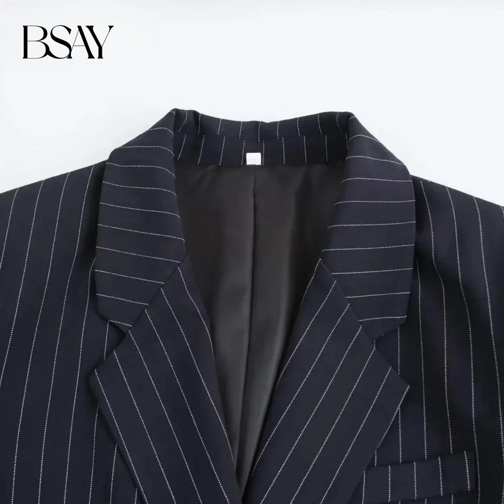 BSAY Blazers for Women Fashion Autumn Winter Loose Fine Stripes Long Sleeve Double-breasted Suits Jacket Chic Female Suit Coat