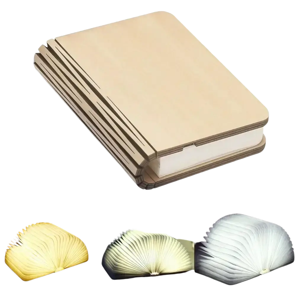 Beige foldable book night light with layered cardboard design and adjustable warm to cool white led lighting options
