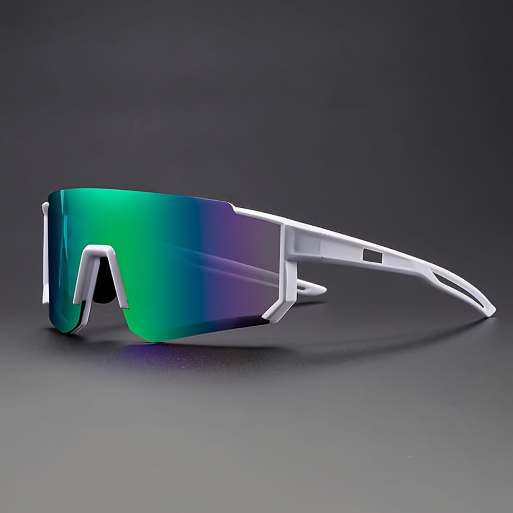 White-framed men oversized cycling sunglasses with polycarbonate gradient lenses featuring a green-to-purple reflective coating suitable for various light environments and applicable scenarios.