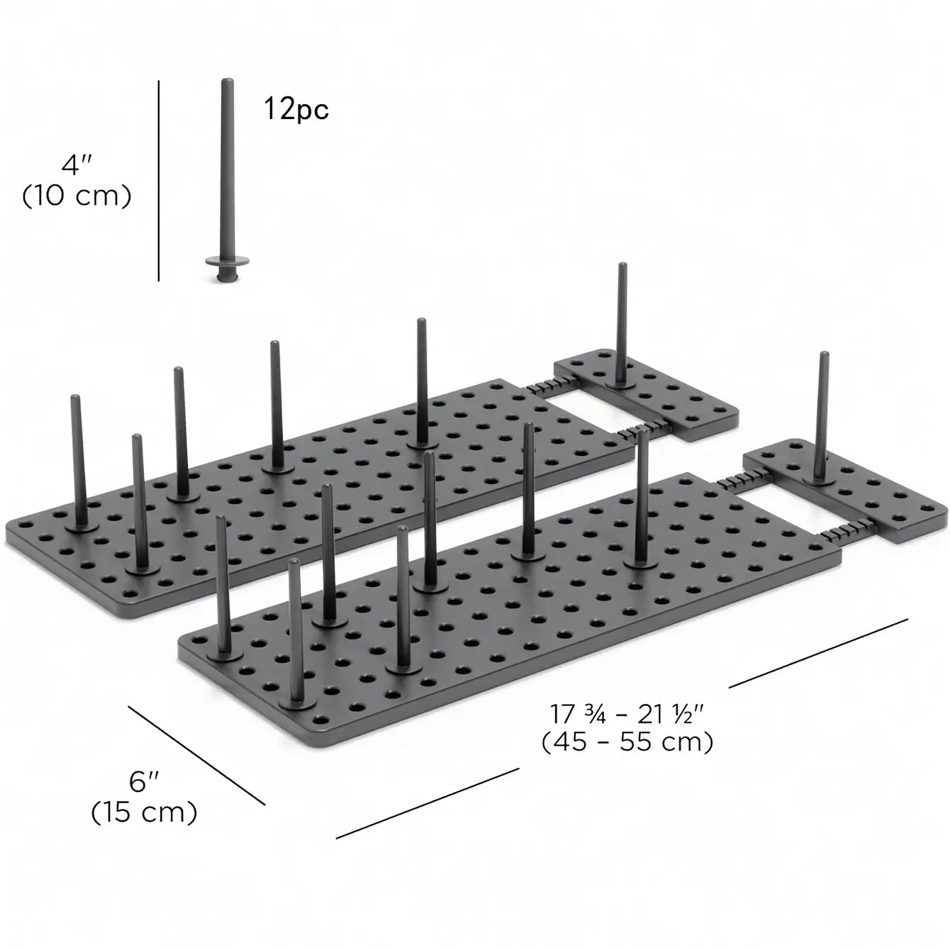 Black plastic adjustable kitchen drawer pegboard organizer with 12 vertical pins for customizable storage.