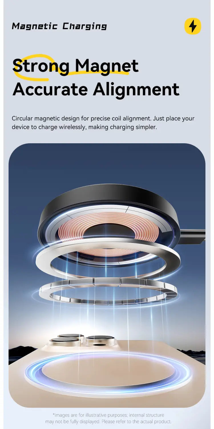 Essager magnetic 15w wireless charger stand with circular metallic charging coil rings and glowing blue illumination.