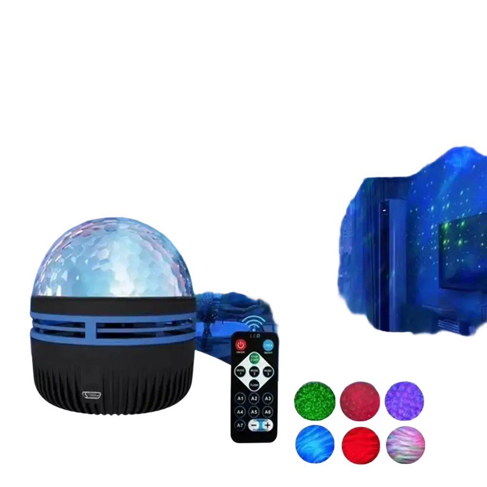 ein blauer und schwarzer LED-Disco-Ball-Projektor, von einem vorderen Blickwinkel aus gezeigt, mit Fernbedienung, mit Nordlichter-Lichteffekten