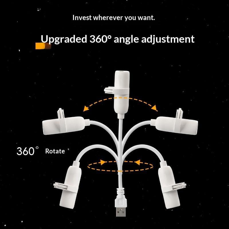 white usb-to-360-degree adjustable lamp adapter with multiple plug ends for usb powered galaxy projector with flexible neck shown from front angle