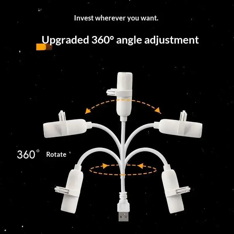 White plastic multi-port usb powered adapter with 360-degree rotating arms for flexible angle adjustment