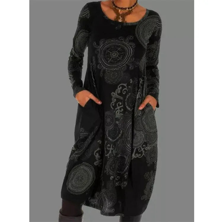 Ethnic Style Casual Dresses Women's Loose Vintage Ruffles Midi Dress Spring Autumn Long Sleeve Boho Printed Party Pocket Dress