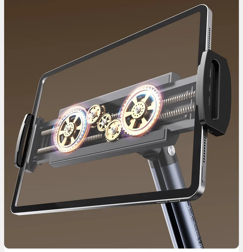 Black aluminum alloy tablet and phone floor stand featuring a mechanical gear design and adjustable clamps for secure device support.
