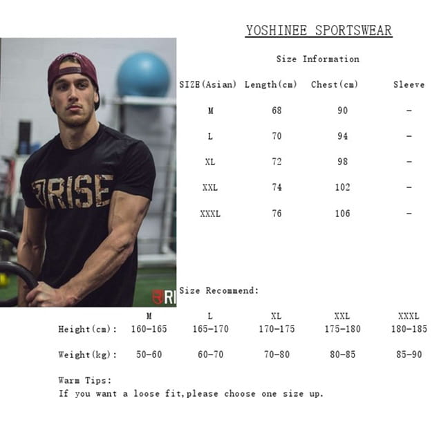 Herren-T-Shirt mit schwarzem Kurzarm-Design, Gold-Rise-Logo und Workout-Aufdruck; mit kräftiger, verwitterter weißer Rise-Schrift über die Brust.