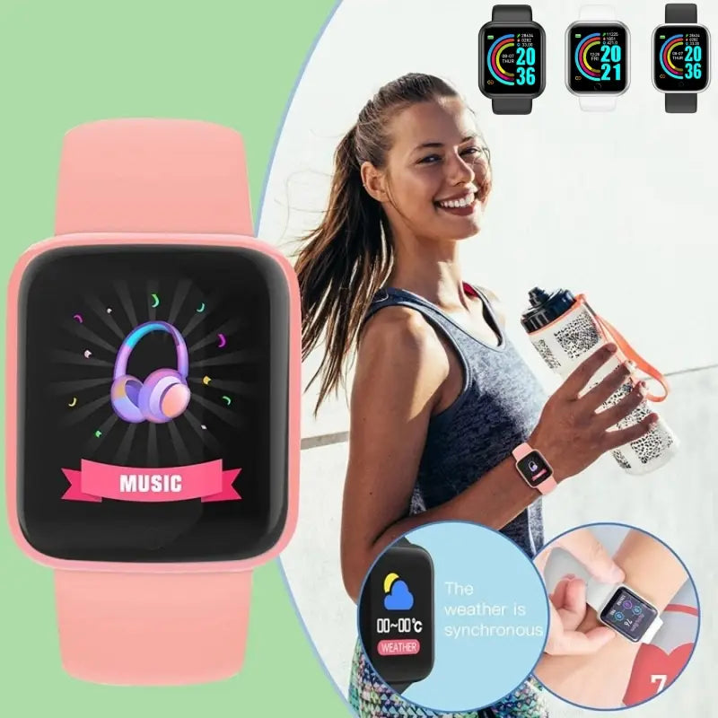 pink silicone y68 fitness smart watch with square color screen displaying music icon and music banner compatible with mobile phone wireless connection and download app firstly for tracking health and fitness.