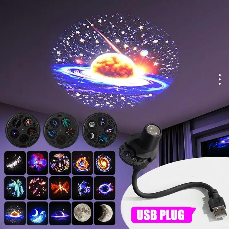 black USB-powered ceiling projector with flexible arm featuring replaceable projection discs to cast vibrant cosmic scenes of planets and stars onto the ceiling