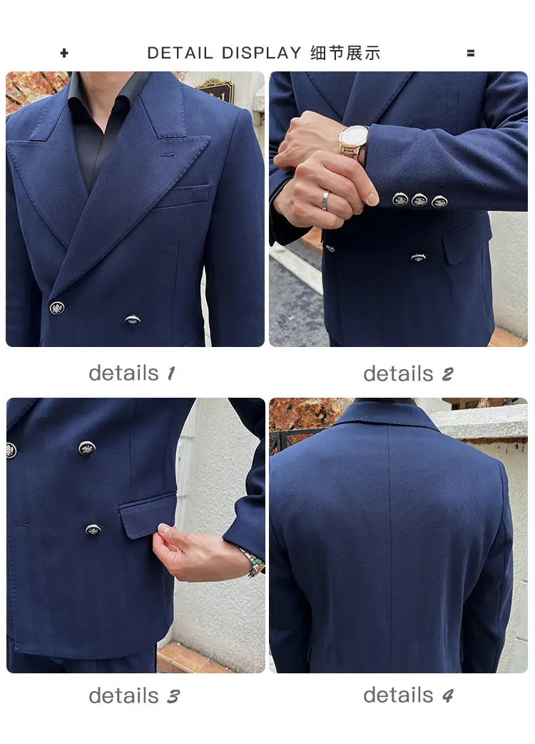 Navyblauer zweireihiger Herren-Wintermantel mit silbertönigen Knöpfen und strukturiertem, maßgeschneidertem Schnitt.