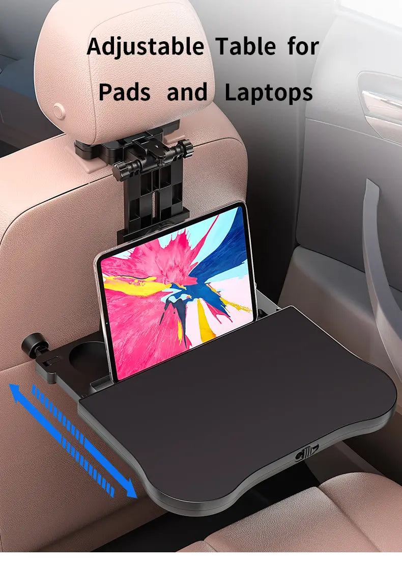 adjustable black car headrest laptop tray and food holder with a tablet resting on the seat table designed for convenience and stability.