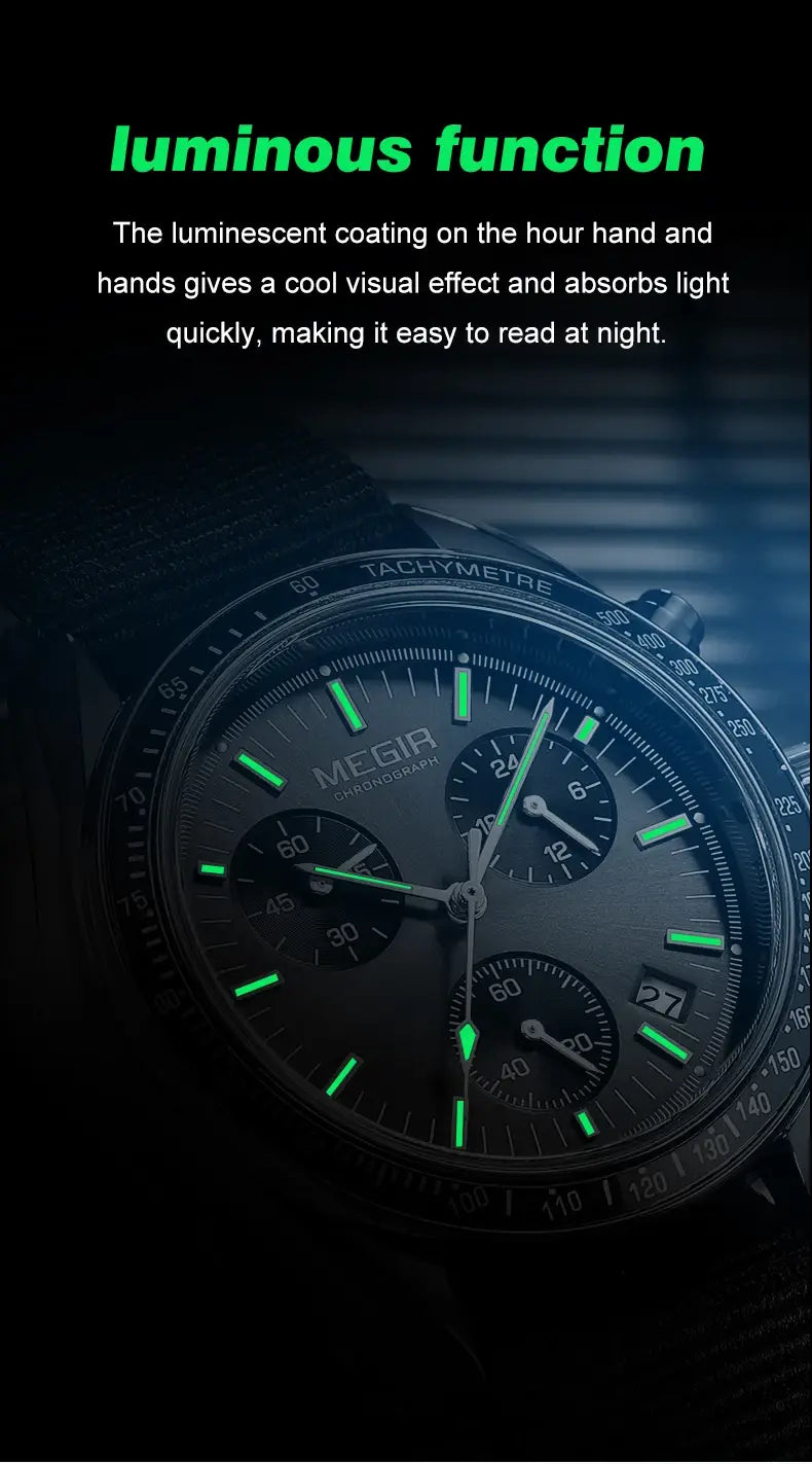 Megir men canvas chronograph watch in black with luminous green hour and minute hands date window at 3 o’clock and tachymeter bezel.