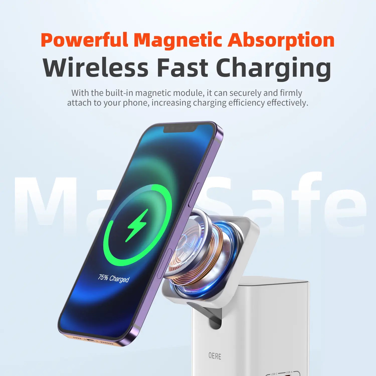 Violettes gerändertes Smartphone, das auf einer weißen magnetischen Wireless-Lade station 65 W mit sichtbaren internen Spulen ruht.