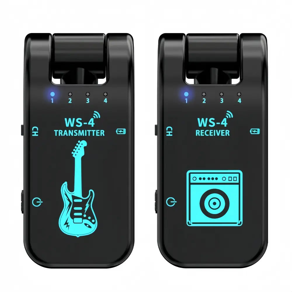 Schwarzes Funk-Gitarrentransmitter- und -empfängersystem mit türkis leuchtenden Symbolen, ausgelegt für eine nahtlose Audioübertragung.