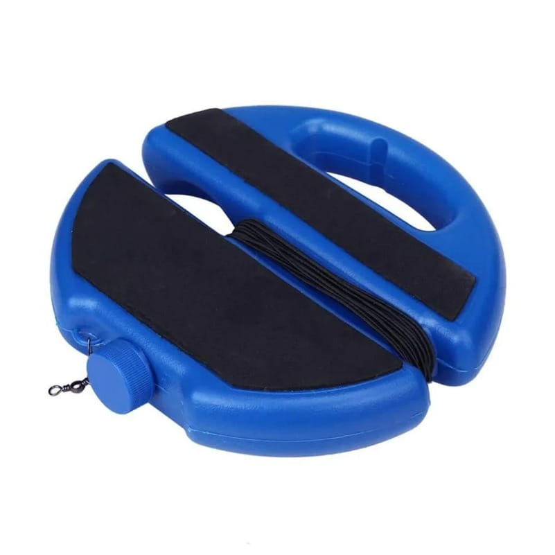 blue plastic fishing bobber holder with black rubberized grip surfaces and small metal hook for solo tennis trainer rebound ball set