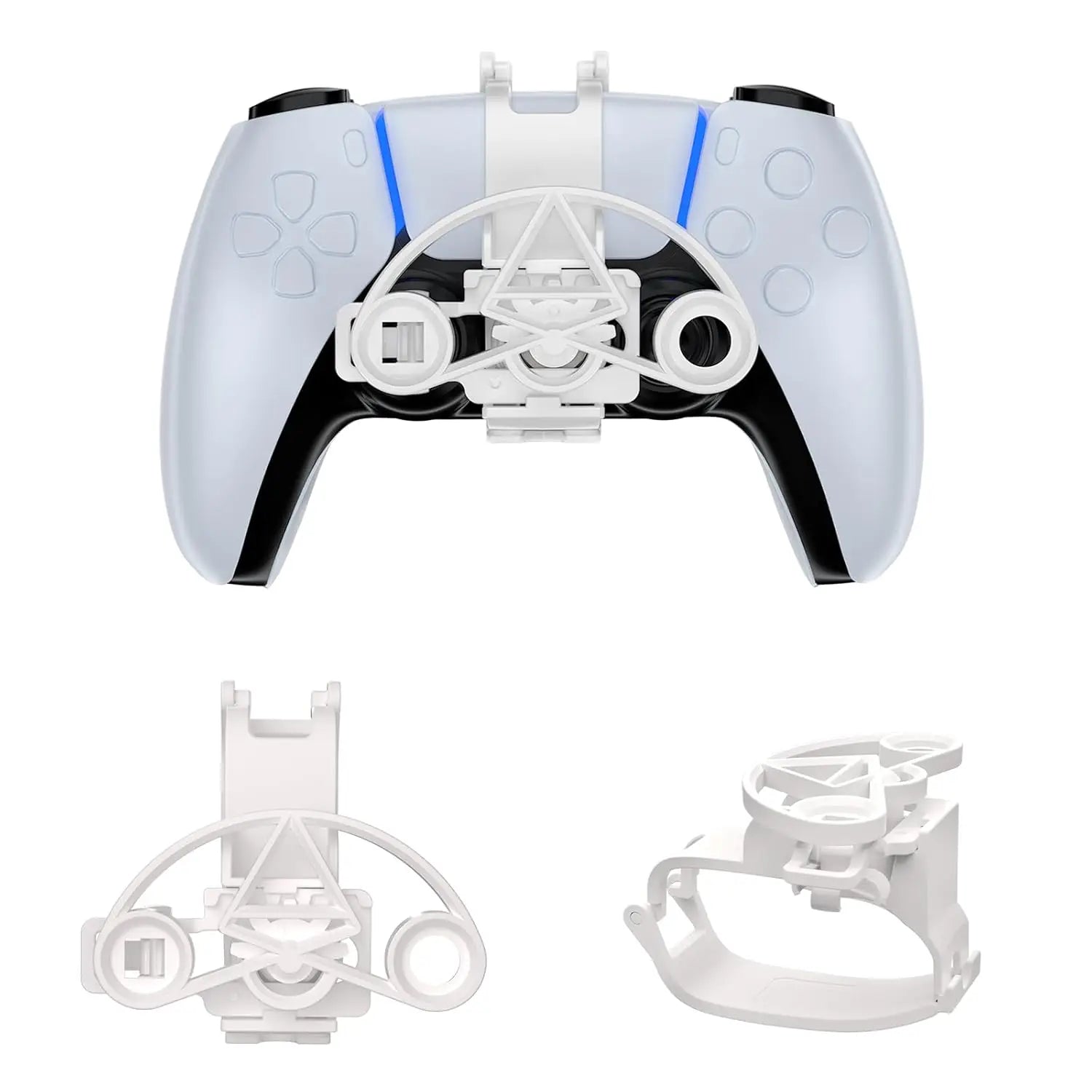 Accesorio de volante de carreras mini para PlayStation 5 de plástico blanco con iluminación de acento azul.