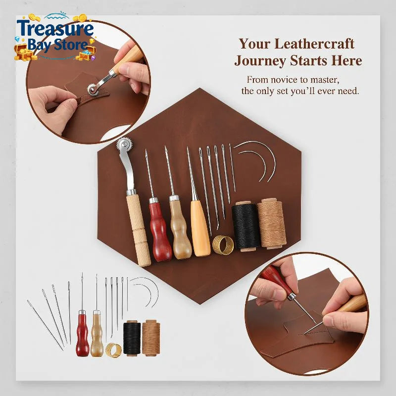 Leather Sewing Tools Kit Wooden Handle Needles Awl Waxed Thread Stitching Groover Thimble For DIY Craft Hand Stitching Repair