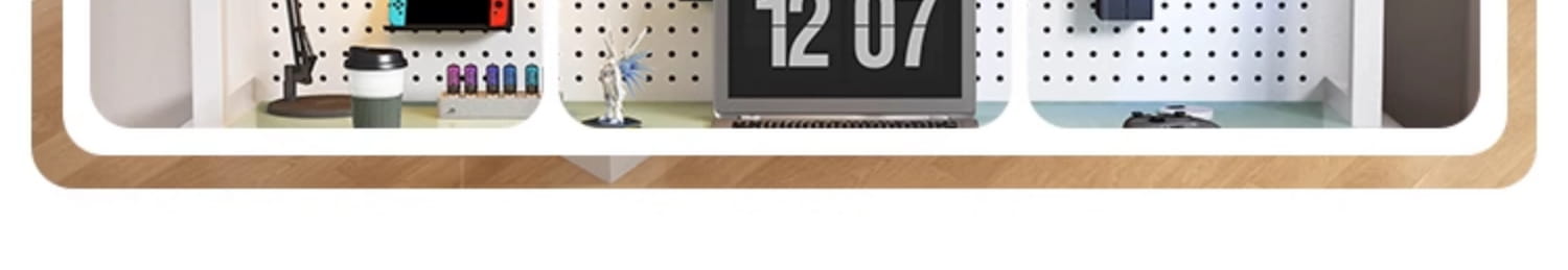 black digital clock displaying 12 07 on a modern glass office desk with storage shelves