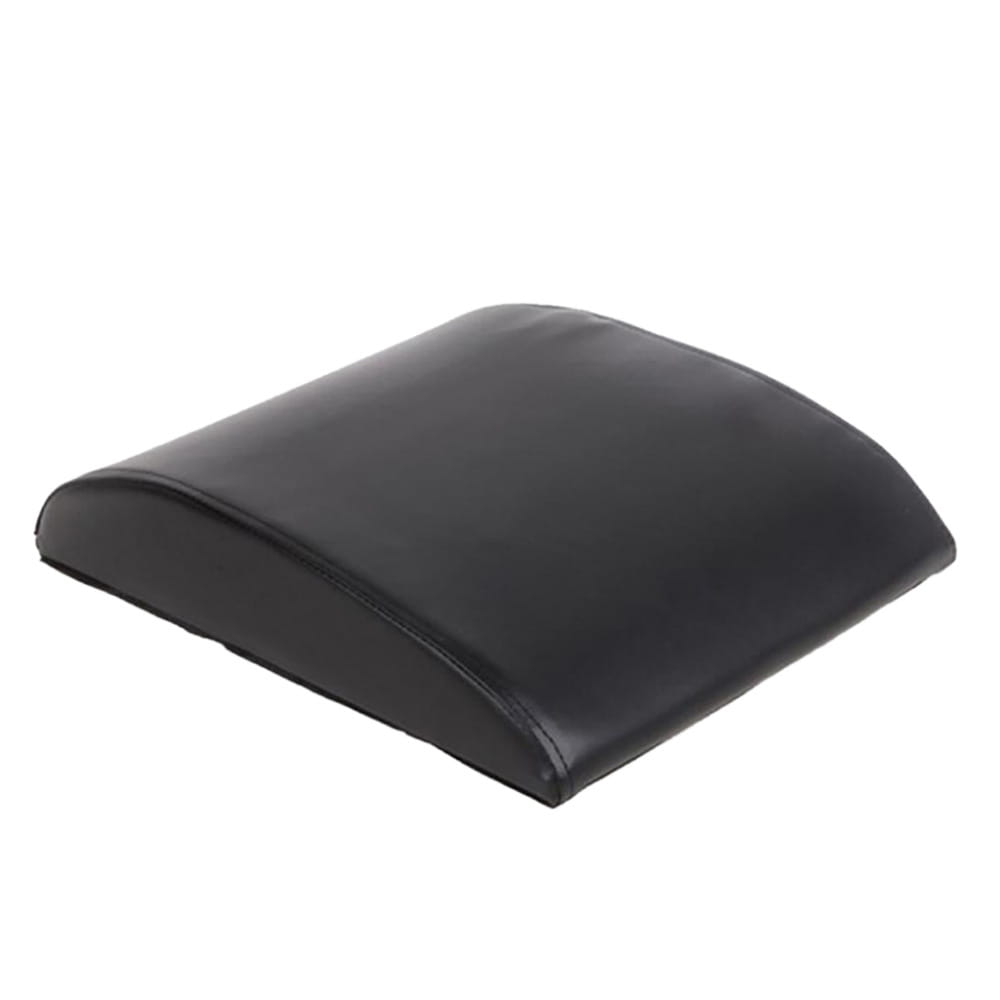 Black curved padded abdominal mat back support cushion with a smooth slightly glossy surface designed for core workouts.