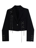 Women Punk Gothic Cropped Blazer with Metal Chain Harajuku Design Streetwear Chic Patchwork Suit Office Lady Commute Short Coat