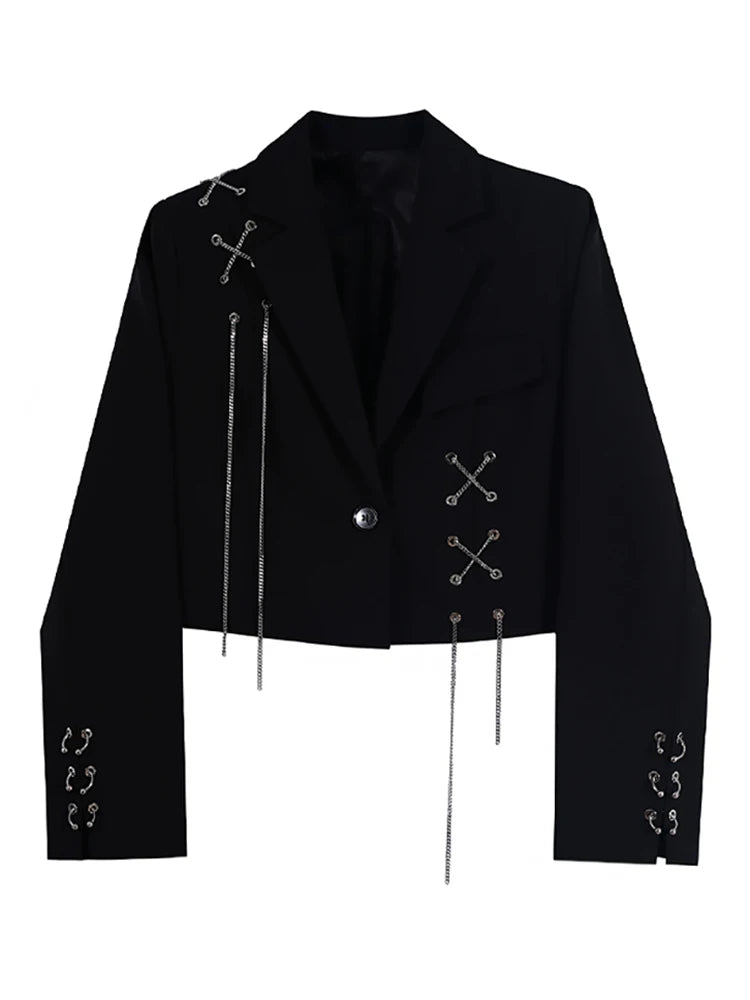 Women Punk Gothic Cropped Blazer with Metal Chain Harajuku Design Streetwear Chic Patchwork Suit Office Lady Commute Short Coat