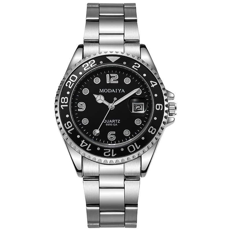Silver-toned stainless steel quartz sport watch with a black dial white hour markers hands and a date window at the 3 o’clock position and a black rubber strap.