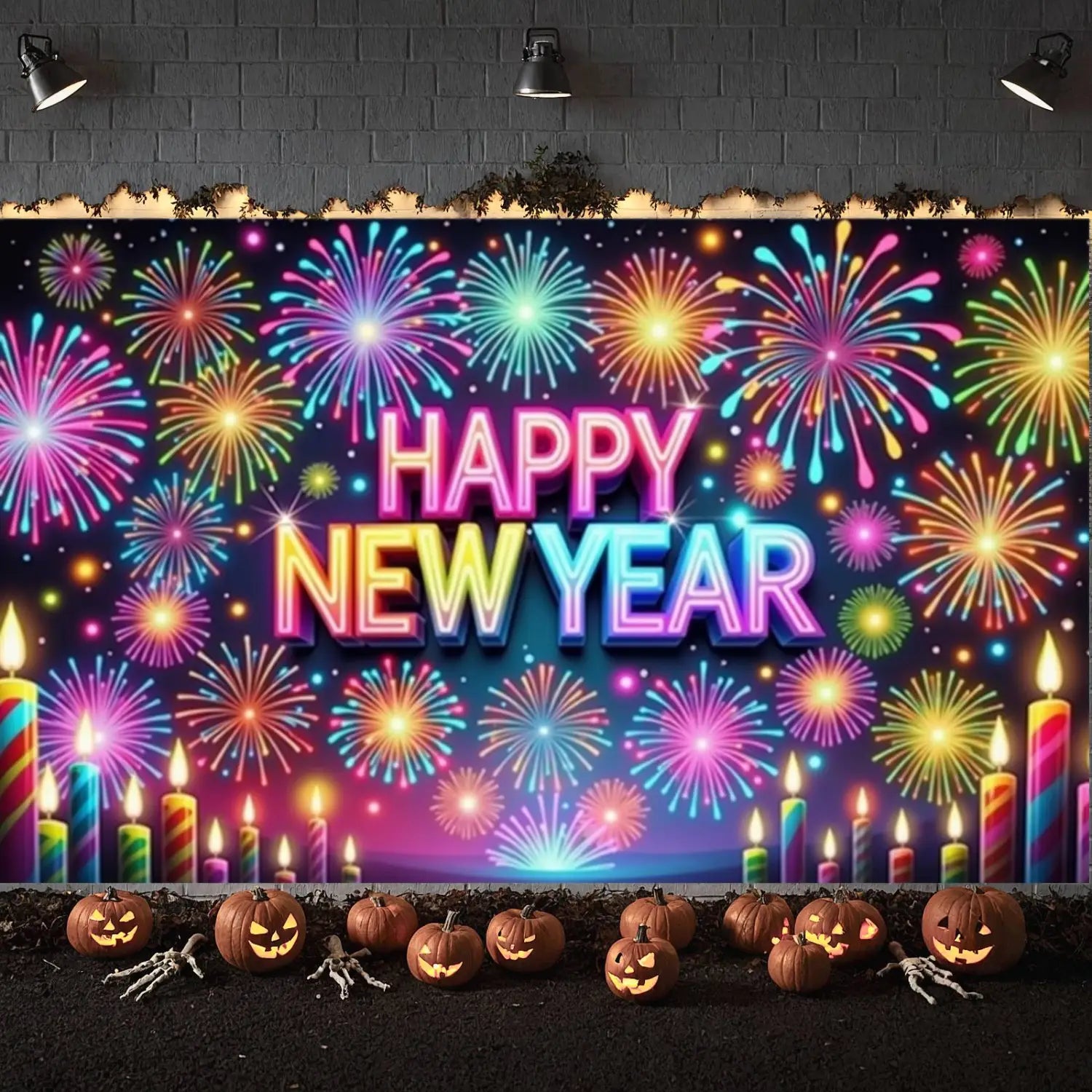 Decoración de telón de fondo para fiesta de Año Nuevo de 2026 con estilo neón y un acabado vibrante, que presenta fuegos artificiales coloridos y velas luminosas.