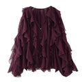 New Women's Sexy Semi-sheer Ruffle Shirt Long Sleeve V Neck Front Button Autumn Fashionable Versatile Layered Decorative Blouse