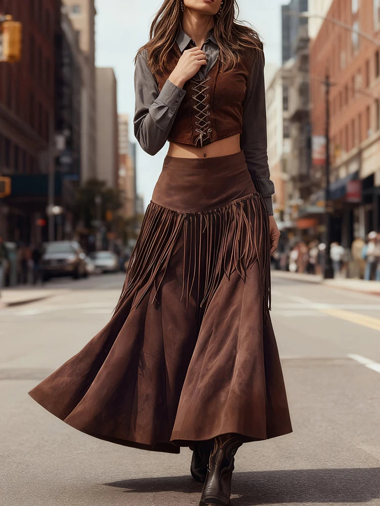 New Ethnic Elegant Solid Tassel Slim Fit Midi Skirt Brown Wide Hem Long Skirt Party Evening Dresses Versatile  Female Clothing