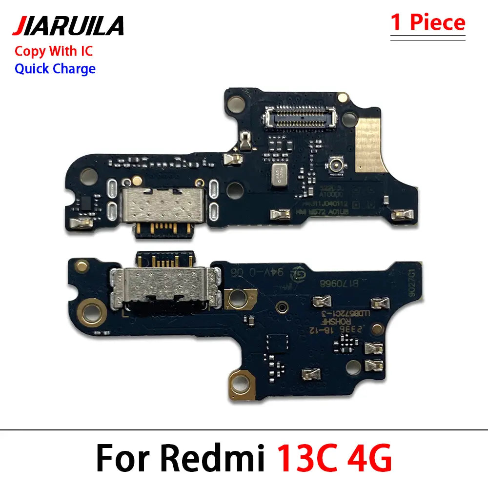 Placa de circuito negro con puerto de carga USB-C plateado y contactos de color dorado para el cable flexible de carga USB de Redmi 13c 4G, compatible con la serie Xiaomi Redmi y optimizado para la entrega con tiempo de protección de China Post.