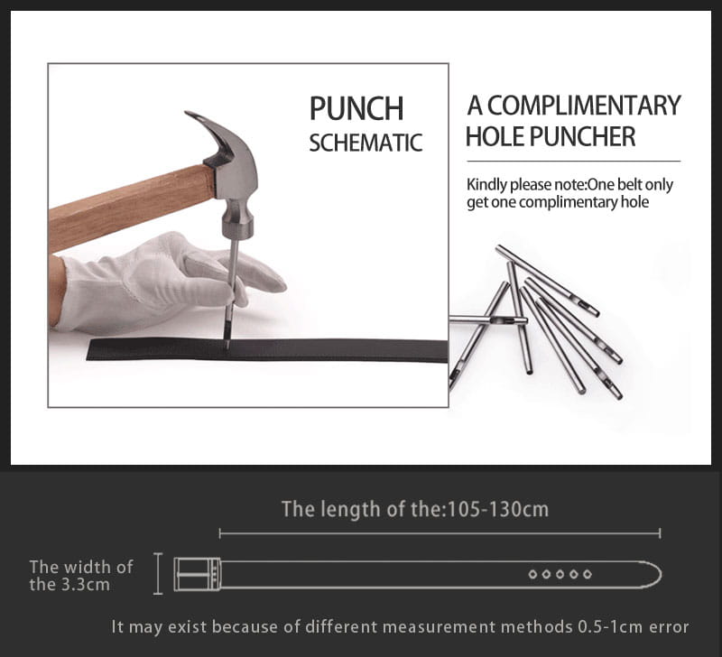 Ceinture en cuir noir pour homme d’une largeur de 3,3 cm et d’une longueur réglable entre 105 et 130 cm, illustrée avec des perforations métalliques permettant une personnalisation ; présentée dans une ceinture produit en cuir blanc pour homme avec logo g à entrelacement.
