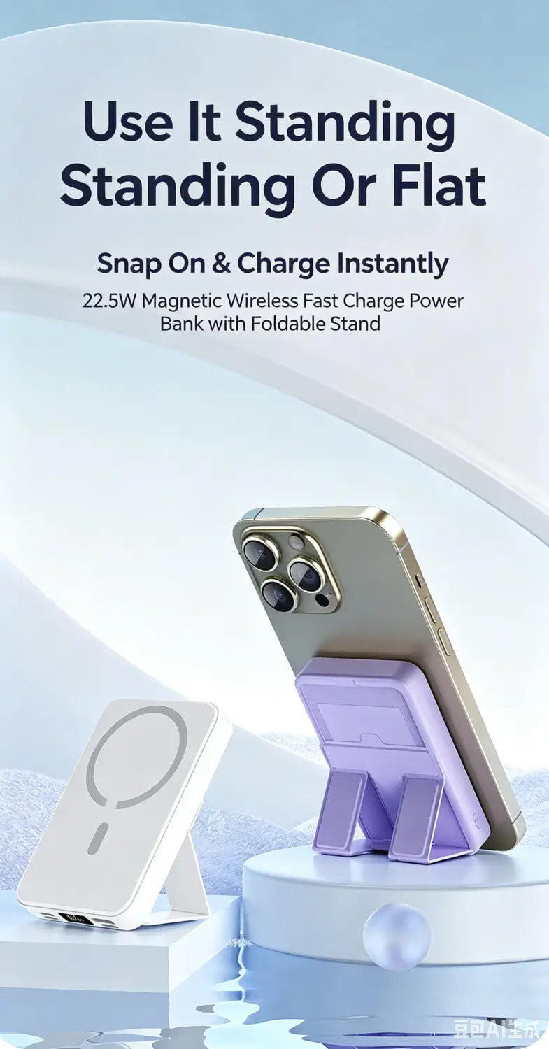 Purple foldable magnetic wireless charging stand with sleek minimalist design featuring fast charging support for power banks and phone stand functionality.