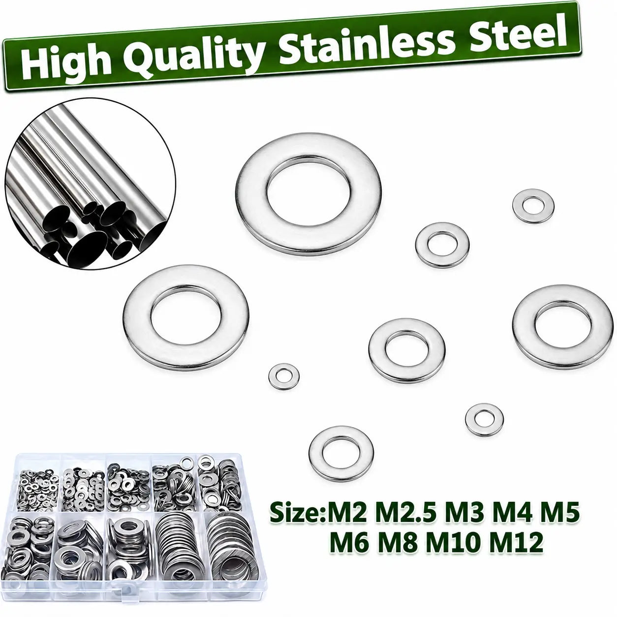 stainless steel flat washer assorted kit 1250pcs featuring high-quality silver stainless steel flat washers in assorted sizes neatly organized by thread diameter.