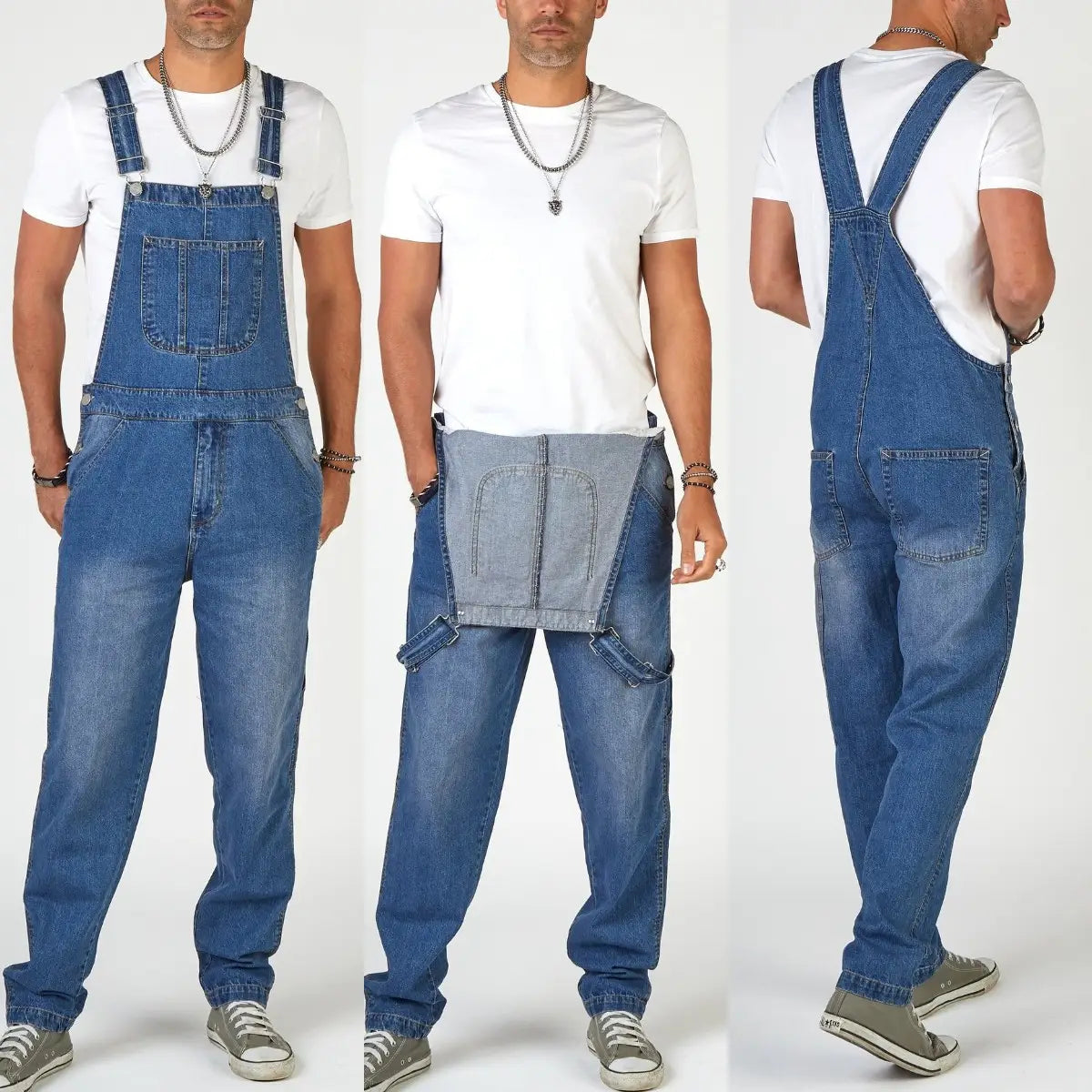 Herren-Jeanslatzhose mit geradem Bein und schlichter Jumpsuit-Passform in blauem Denim mit verstellbaren Trägern und mehreren Taschen mit klassischem Design.