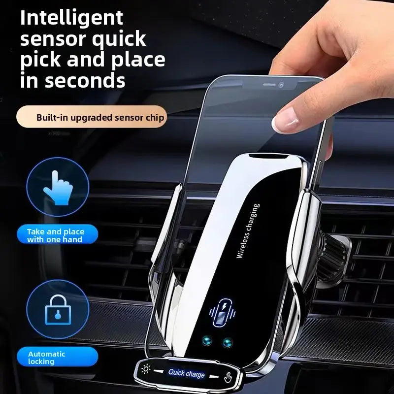 Silver and black wireless phone charger with sleek modern design and auto clamping feature for easy car mount use.