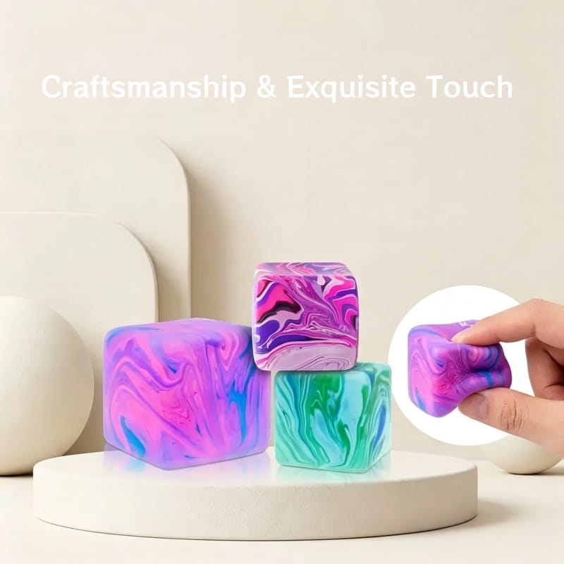 Vibrant purple and blue marbled silicone marble swirl cube squeeze toy designed as a slow rising sensory fidget.