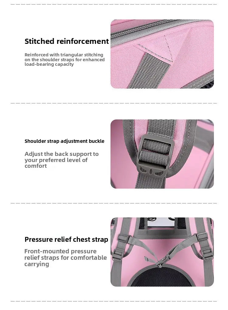 Sac à dos de transport pour animaux rose en tissu Oxford, avec bretelles renforcées grises et sangle de poitrine de décompression, destiné aux petits chats et aux petits chiens