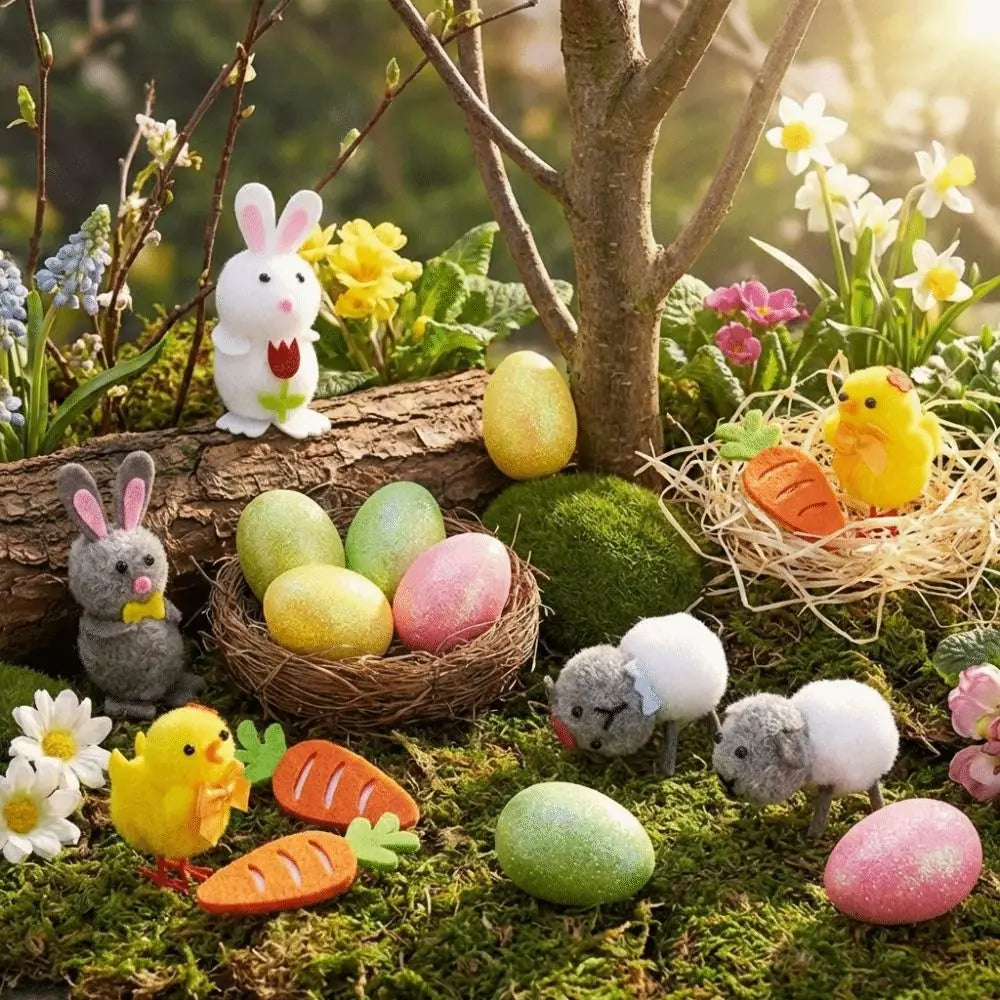A charming handmade felt Easter egg and chick figurine gift set featuring pastel-colored decorative felt figures and glittery eggs arranged in a miniature garden scene.