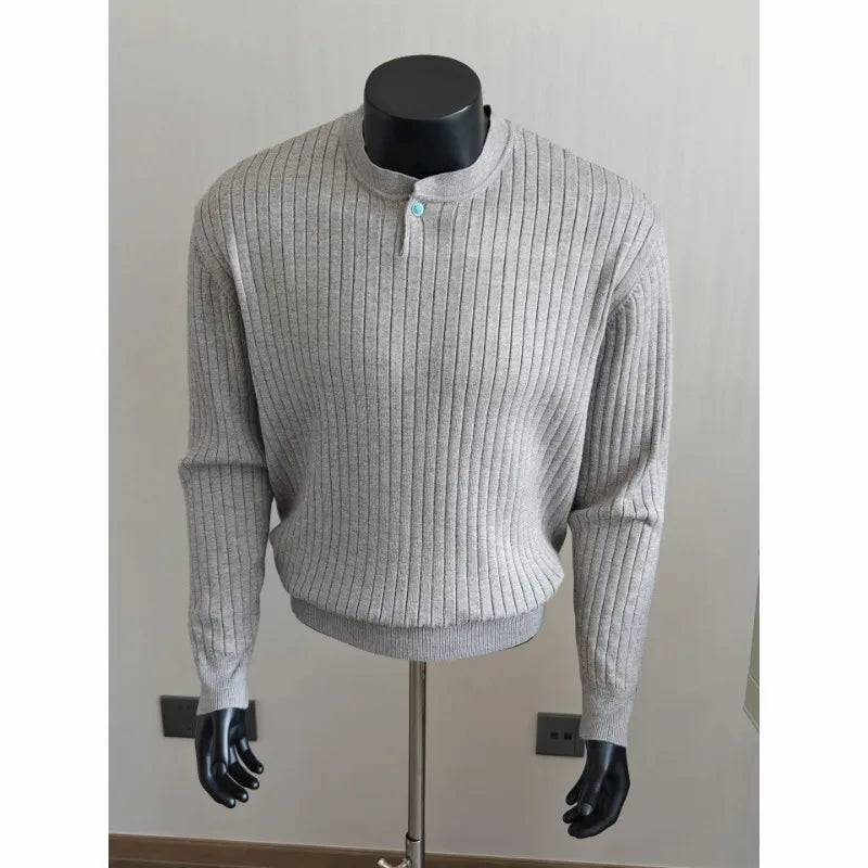 Men's Loose Textured Knit Sweater Spring Autumn American Style Casual Solid Color Inner Top