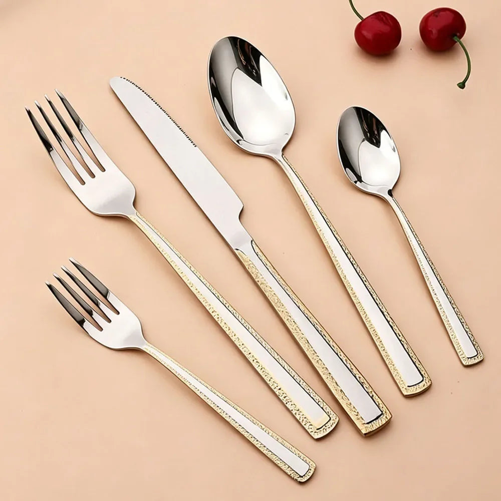 4Pcs Stainless Steel Cutlery Set Knife Fork Spoon Dinnerware Set Embossed handle Dinner Tableware Kitchen Home Flatware