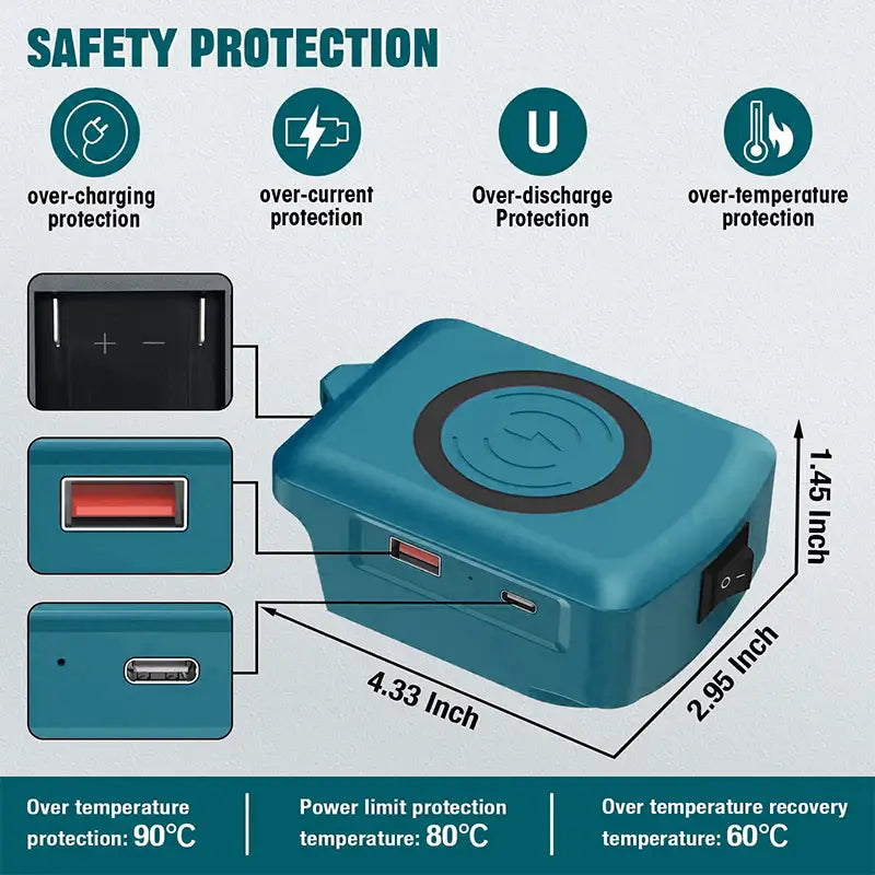 Adaptador azul rectangular para cargador inalámbrico para baterías de litio de 18 V con múltiples puertos USB y funciones de protección de seguridad