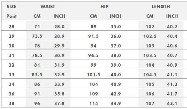 Size chart for men black floral slim fit jeans showing waist measurements in centimeters and inches for sizes 28 to 38.