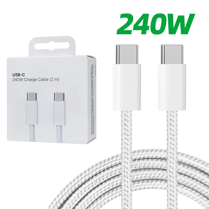 weiß geflochtenes USB‑C-Schnellladekabel mit 2 m Länge und 240-W-Leistung, mit strapazierfähigem gewebtem Textil und eleganten Metallsteckern