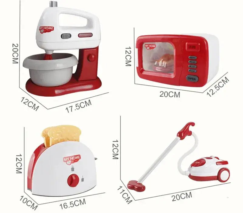Kinder-Spielküchen-Kleingeräte-Set mit rotem und weißem Kunststoff-Mixer, Mikrowelle, Toaster und Staubsauger für Rollenspiel-Lebensmittel.
