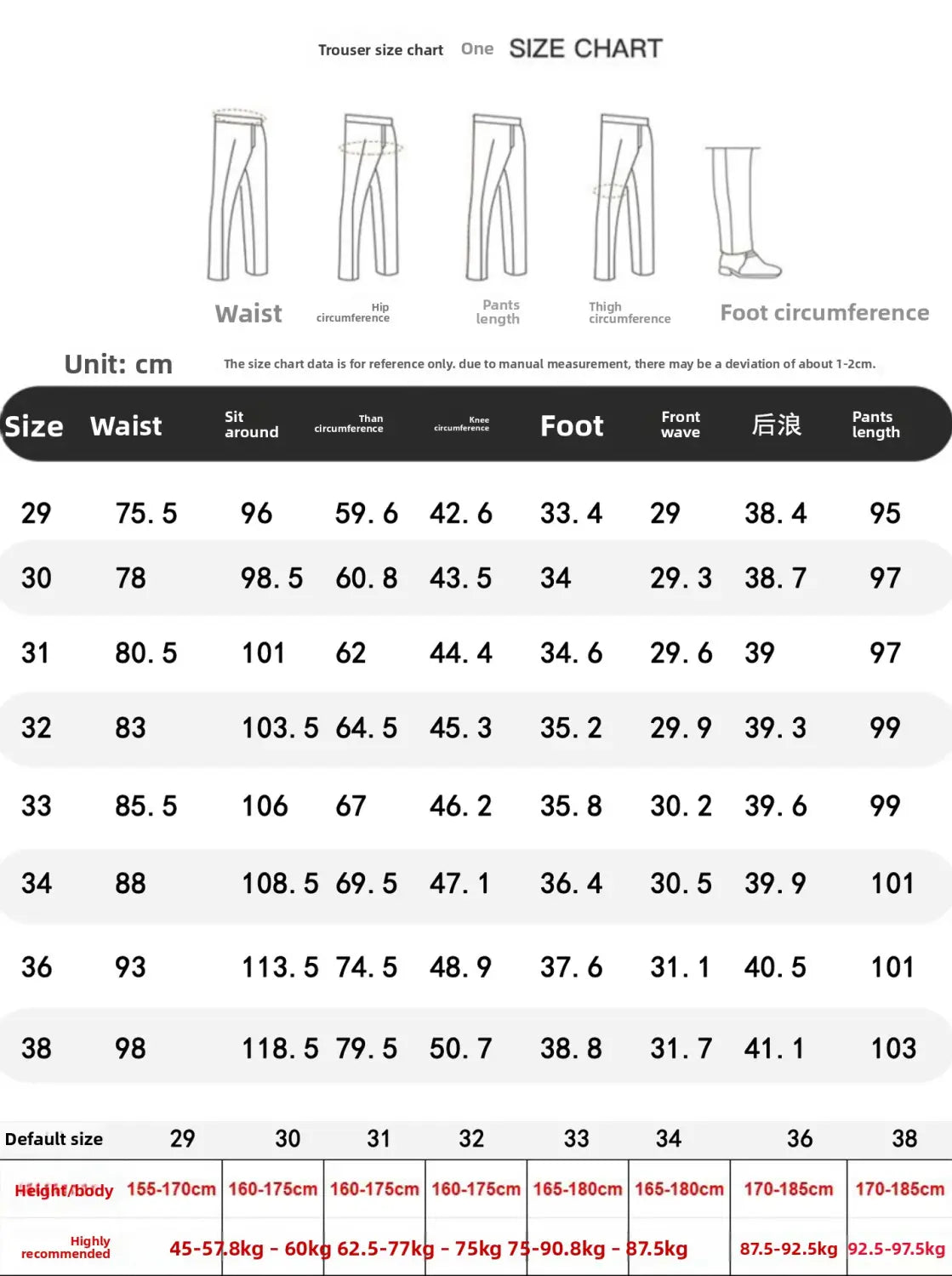L’image présente un tableau des tailles détaillé en centimètres pour les pantalons d’un costume d’affaires pour homme slim fit en ensemble trois pièces, idéal pour les occasions de mode masculine, d’affaires et de soirées décontractées.
