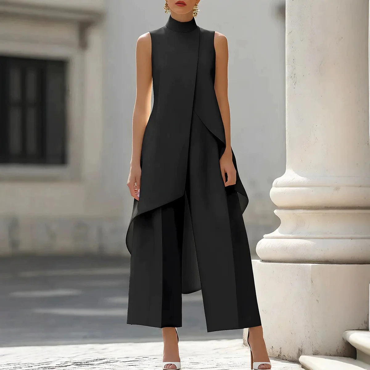 Women Stand Neck Sleeveless Layered Long Vest Wide Leg Pants Co Ord Set Elegant Business Formal Office Commuter Two Piece Outfit