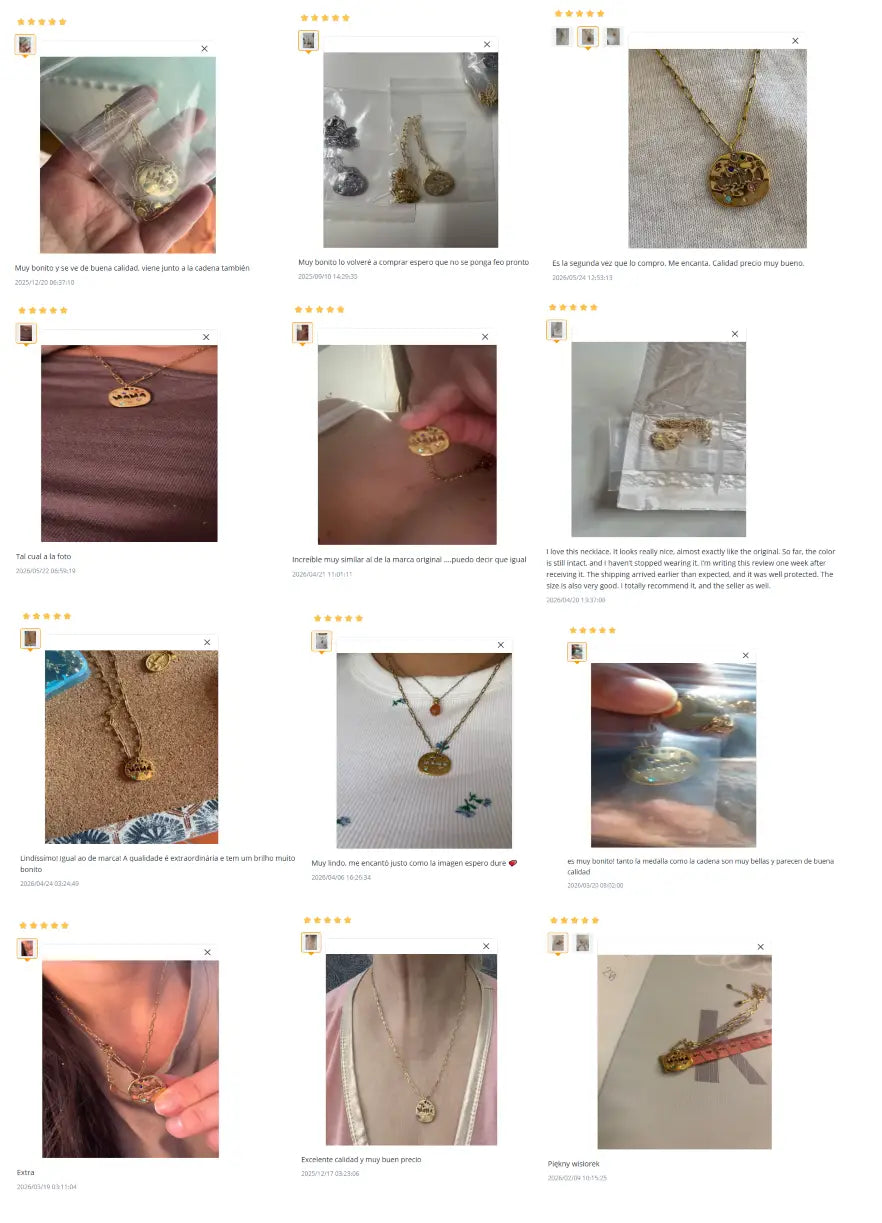 Collier ras du cou en acier inoxydable à chaîne délicate, avec pendentif circulaire en pierre précieuse « Mama » doré, orné de motifs finement gravés.