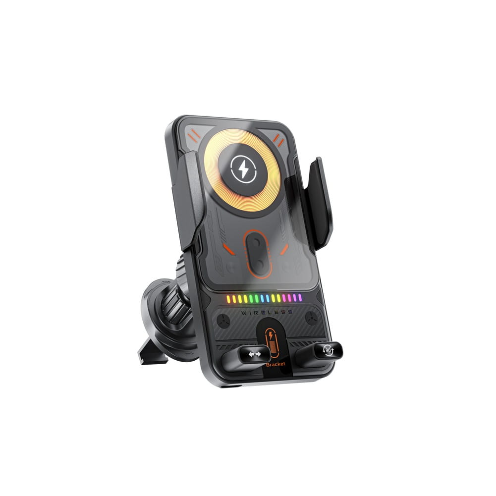 Schnelles 15-W-Wireless-KFZ-Ladegerät in Schwarz mit automatischer Klemmhalterung, leuchtendem gelben kreisförmigem Ladepad und Regenbogen-LED-Anzeigeleuchten.